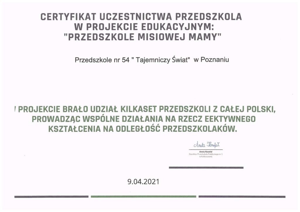 Certyfikat Przedszkole Misiowej Mamy